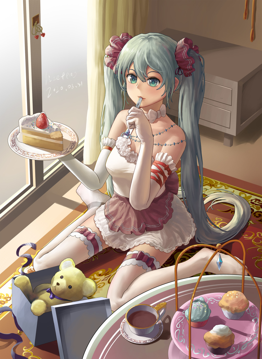 1girl absurdly_long_hair absurdres anniversary aqua_eyes aqua_hair artist_name artist_request blue_eyes blue_hair blush cake cupcake dress elbow_gloves female_focus food fruit gloves hair_ornament hatsune_miku hatsune_miku_(vocaloid4)_(chinese) highres liulanghuajia long_hair sitting skirt solo stuffed_animal stuffed_toy teddy_bear thighhighs twintails very_long_hair vocaloid wariza