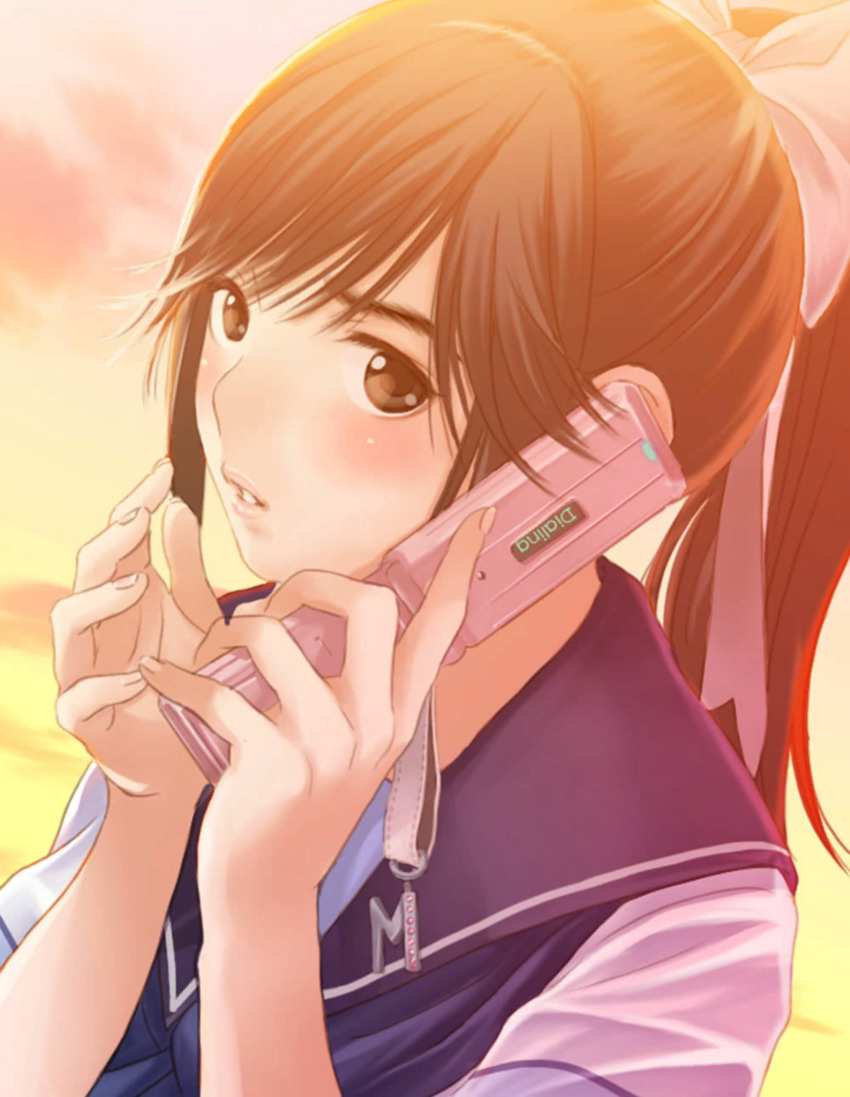 1girl black_eyes black_hair blue_neckerchief blue_sailor_collar blush bow cellphone cellphone_charm charm_(object) cloud commentary_request evening flip_phone gradient_sky hair_bow hair_ribbon hands_up highres holding holding_phone looking_at_viewer love_plus neckerchief official_art open_mouth orange_sky outdoors parted_lips phone pink_lips pink_sky ponytail portrait ribbon sailor_collar school_uniform serafuku short_sleeves sky solo summer_uniform takane_manaka talking_on_phone twilight upper_body white_bow white_ribbon