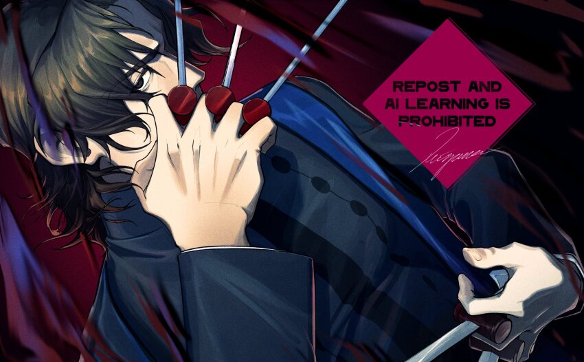 1boy between_fingers black_eyes brown_hair commentary_request covered_mouth fate/grand_order fate_(series) highres holding kotomine_kirei large_hands long_sleeves looking_at_viewer male_focus mizuna237 priest rasputin_(fate) short_hair signature solo