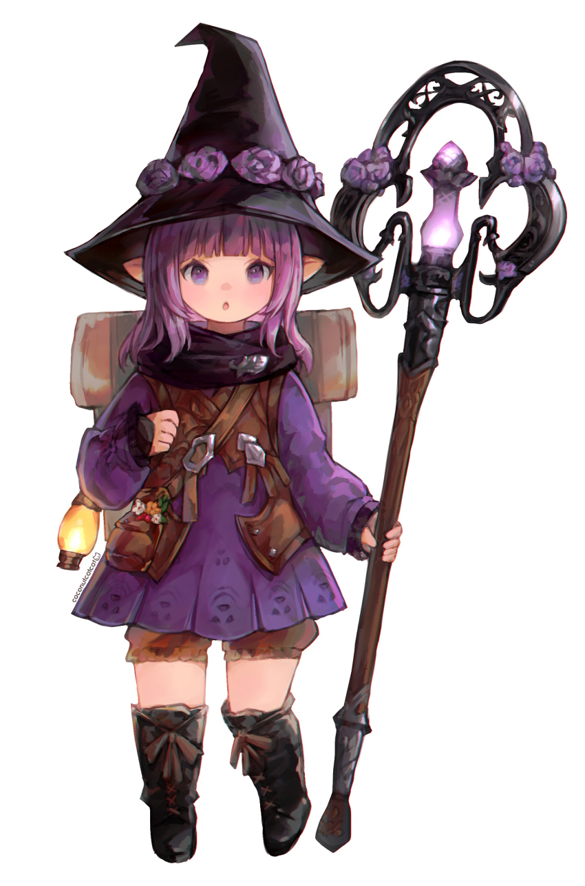 backpack bag black_boots black_hair black_mage_(final_fantasy) boots coconutcatcat dress final_fantasy final_fantasy_xiv highres holding holding_staff lalafell open_mouth pointy_ears purple_dress purple_eyes purple_hair scarf staff standing warrior_of_light_(ff14) witch