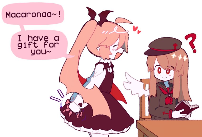 2girls ? ahoge angel angel_wings bat_(animal) beret black_dress book bright_pupils brown_hair closed_eyes closed_mouth colored_skin commentary dress english_commentary english_text funamusea green_hat green_sailor_collar green_shirt haiiro_teien hat head_wings heart highres holding holding_book long_hair looking_at_another macarona_(funamusea) multiple_girls neckerchief open_mouth pinafore_dress pipiikki pointy_ears ponytail rawberry_preserves red_eyes red_neckerchief sailor_collar shirt simple_background sleeveless sleeveless_dress smile speech_bubble table white_background white_pupils white_shirt white_skin wings wooden_chair wooden_table worm