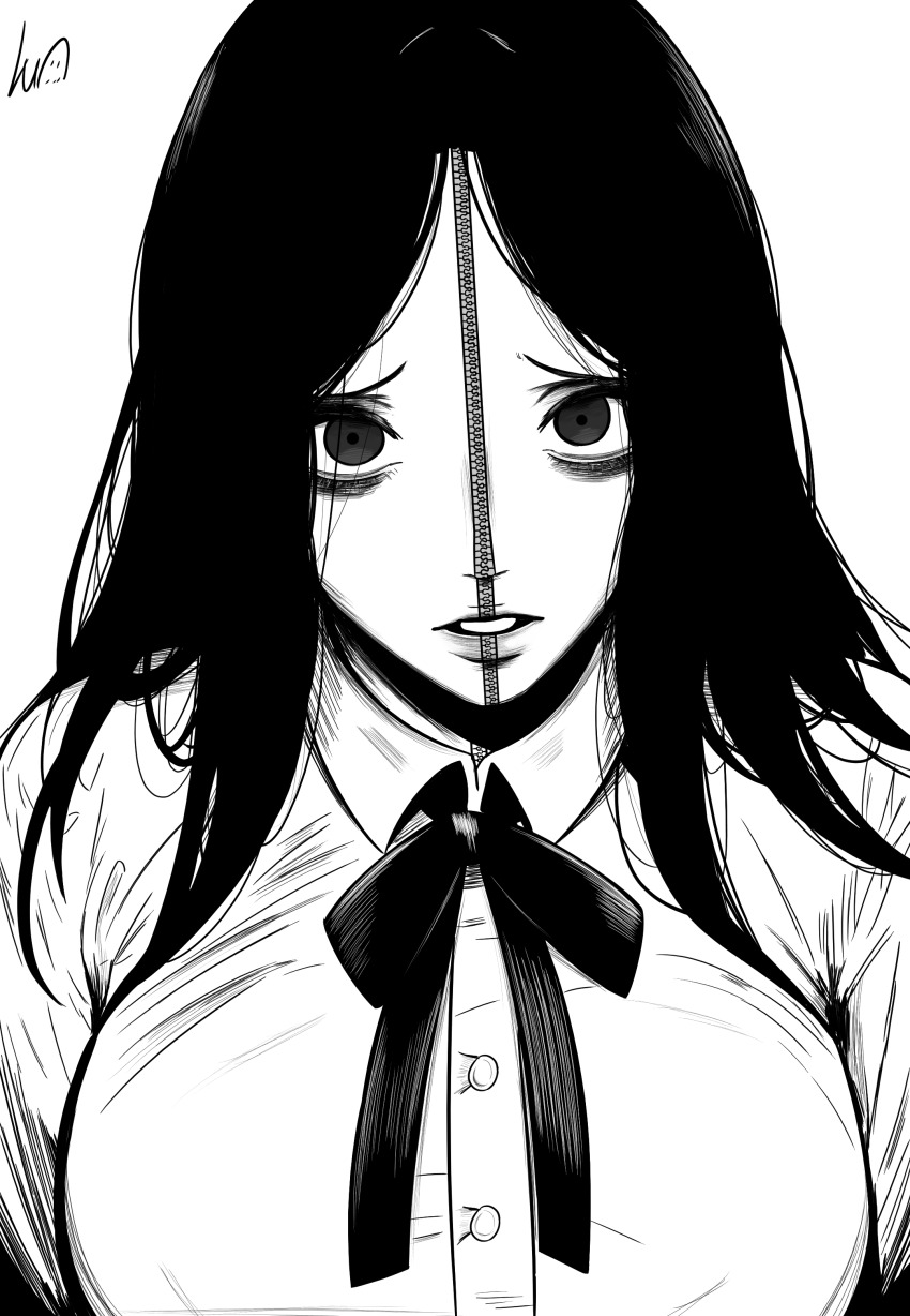 1girl absurdres alternate_breast_size_(larger) bow bowtie breasts chainsaw_man collared_shirt commentary greyscale highres large_breasts lughost monochrome parted_lips princi_(chainsaw_man) raised_inner_eyebrows shirt signature solo upper_body zipper