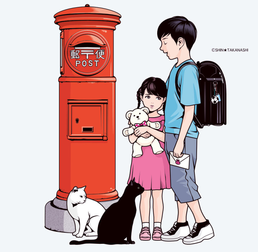 1boy 1girl artist_name bag black_cat black_hair blue_shirt blue_shorts blunt_bangs braid cat charm_(object) child closed_eyes closed_mouth commentary_request dress envelope eyelashes flat_color full_body grey_eyes holding holding_envelope holding_stuffed_toy hug japanese_cylindrical_postbox lips looking_to_the_side medium_hair original pink_dress pink_shoes school_bag shirt shoes short_hair shorts simple_background sneakers socks standing stuffed_animal stuffed_toy takanashi_shin teddy_bear twin_braids white_background white_cat white_socks