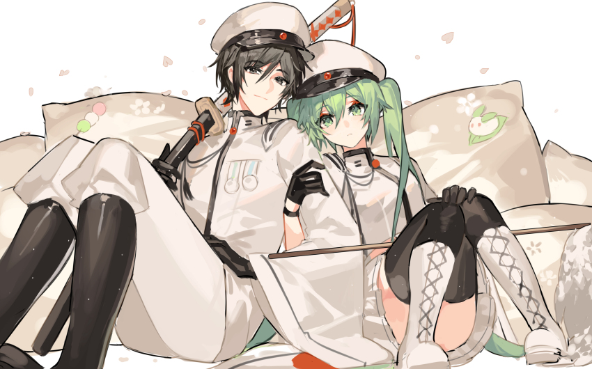 1boy 1girl absurdres black_eyes black_gloves black_hair black_thighhighs boots commentary_request cross-laced_footwear falling_petals furisode_sleeves gloves green_eyes green_hair hair_between_eyes hat hatsune_miku hatsune_miku_(ichi_no_sakura_shiro_oka) highres holding_another&#039;s_arm japanese_clothes kaito_(rei_no_sakura_shirayuki)_(vocaloid) kaito_(vocaloid) katana kazenemuri kimono knee_boots knees_up long_hair looking_at_viewer military_hat military_uniform petals project_diva_(series) scabbard senbonzakura_(vocaloid) sheath shiny_clothes short_hair sitting skirt smile sword thighhighs twintails vocaloid weapon white_background white_kimono white_theme wide_sleeves