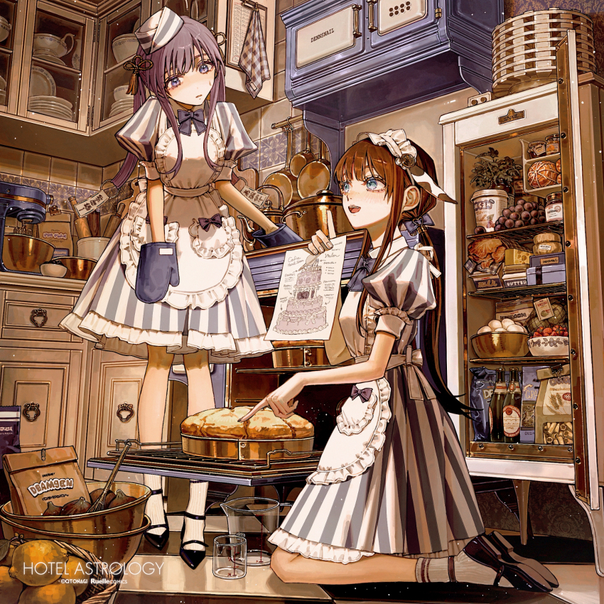 2girls apron bare_arms basket blue_eyes bottle bow bowl bowtie brown_hair cake checkered_floor cheese cooking_pot copyright_name denn_(naluse_flow) dress egg_(food) food fruit frying_pan full_body grapes hair_bow hat head_tilt highres hotel hotel_astrology indoors kitchen kneeling leaning_forward long_hair looking_at_another looking_at_object looking_down looking_up medium_dress mixer_(cooking) multiple_girls noodles oven oven_mitts pointing puffy_short_sleeves puffy_sleeves purple_bow purple_bowtie purple_eyes purple_hair shoes short_sleeves socks standing strawberry striped_clothes striped_dress tile_floor tiles twintails vertical-striped_clothes vertical-striped_dress very_long_hair
