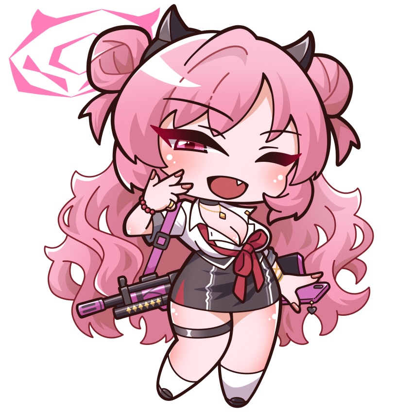 1girl ;d absurdres assault_rifle black_choker black_shoes black_skirt blue_archive blush bow breasts carbine cellphone cellphone_charm charm_(object) chibi choker cleavage collared_shirt commentary_request double_bun dress_shirt fang full_body gun h&amp;k_hk33 hair_bun half-closed_eye halo hand_up heart highres holding holding_phone horns jewelry kirara_(blue_archive) loafers long_hair looking_at_viewer medium_breasts nail_polish one_eye_closed open_mouth pendant phone pink_hair purple_eyes red_bow red_nails rifle saishosaisekojo shirt shoes short-barreled_rifle short_sleeves skirt smile socks solo standing two_side_up very_long_hair weapon white_shirt white_socks