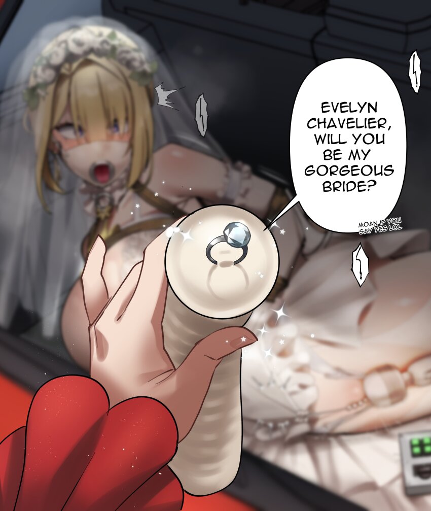 2girls absurdres arms_behind_back astra_yao bare_shoulders blonde_hair breasts bride dildo dress evelyn_chevalier frilled_dress frills gag gagged highres jewelry large_breasts medium_hair multiple_girls open_mouth pap_paprika plug_gag purple_eyes ring ring_gag sex_toy shibari shibari_over_clothes tongue vibrator wedding_ring yuri zenless_zone_zero
