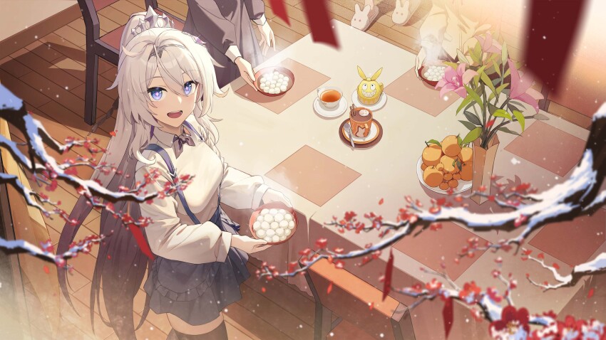 1girl absurdres black_skirt black_thighhighs blue_eyes bow bowtie branch chair cup fled flower food fruit gradient_hair hair_between_eyes highres honkai_(series) honkai_impact_3rd kiana_kaslana lantern_festival long_hair long_sleeves looking_at_viewer looking_to_the_side looking_up mandarin_orange multicolored_hair open_mouth orange_(fruit) petals purple_hair second-party_source shirt skirt sky_lantern smile snow standing suspender_skirt suspenders table teacup thighhighs tiara very_long_hair white_hair white_shirt