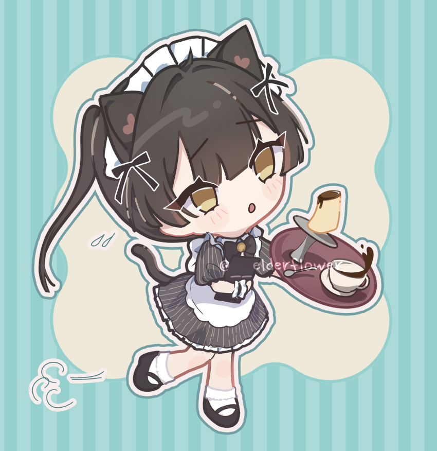 1girl :o animal_ears apron black_bow black_bowtie black_shoes blue_background blue_outline blush bobby_socks bow bowtie brown_hair cake_stand cat_day cat_ears cat_girl cat_tail cauli chibi chibi_only commentary cup double-parted_bangs dress flying_sweatdrops food frilled_apron frilled_wrist_cuffs frills from_side full_body grey_dress hair_bow hair_intakes hashtag-only_commentary head_tilt heart high_ponytail highres holding holding_tray kemonomimi_mode long_hair maid_apron maid_headdress mary_janes no_pupils noa_(cauli) open_mouth original outline petticoat pinstripe_dress pinstripe_pattern ponytail pudding puff_of_air puffy_short_sleeves puffy_sleeves raised_eyebrows saucer shoes short_sleeves socks solo splashing spoon standing standing_on_one_leg striped_background tail tea teacup tray white_apron white_outline white_socks white_wrist_cuffs wrist_cuffs yellow_background yellow_eyes
