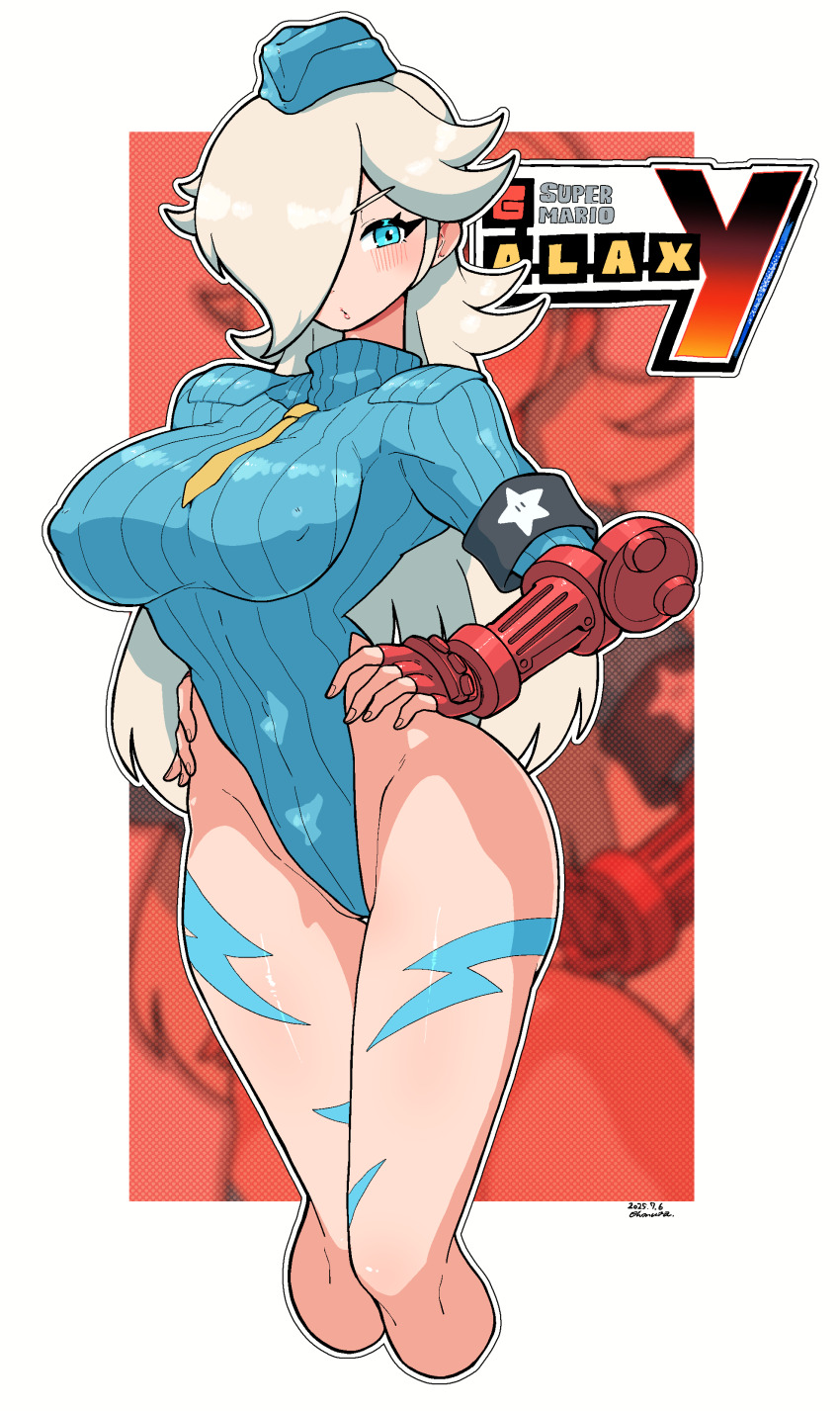 1girl absurdres blonde_hair blue_eyes blue_hat blue_leotard bodypaint cammy_white cammy_white_(cosplay) commentary_request cosplay cropped_legs feet_out_of_frame fingerless_gloves garrison_cap gloves hair_over_one_eye hat highleg highleg_leotard highres leotard lightning_bolt_symbol logo_parody long_hair looking_at_viewer mario_(series) nintendo omura_zojiki red_gloves ribbed_leotard rosalina shadaloo_dolls solo street_fighter street_fighter_zero_(series) super_mario_galaxy