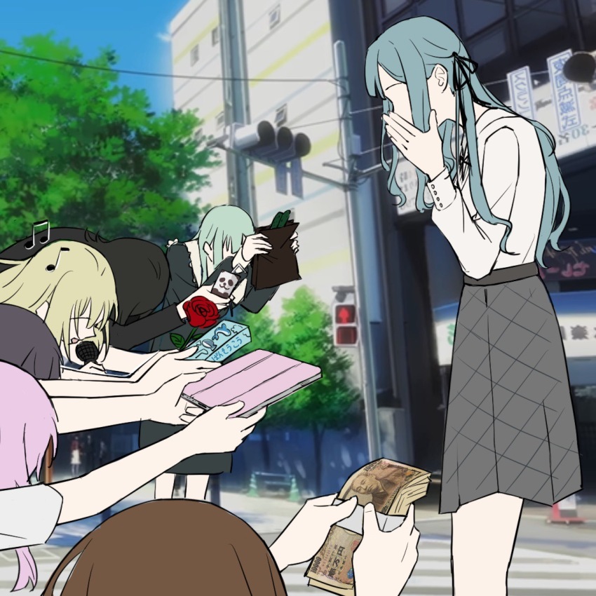 6+girls bang_dream! bang_dream!_it&#039;s_mygo!!!!! banknote black_hair black_ribbon blonde_hair blue_hair brown_hair carton chihaya_anon chinese_commentary comfort_zoner commentary_request covering_own_mouth dress drinking_straw green_hair grey_dress grey_hair grey_skirt hair_ribbon holding holding_microphone ipad long_hair microphone misumi_uika money multiple_girls nagasaki_soyo pink_hair ribbon screenshot_background shirt short_hair sidelocks skirt standing tablet_pc takamatsu_tomori togawa_sakiko two_side_up wakaba_mutsumi white_shirt yahata_umiri