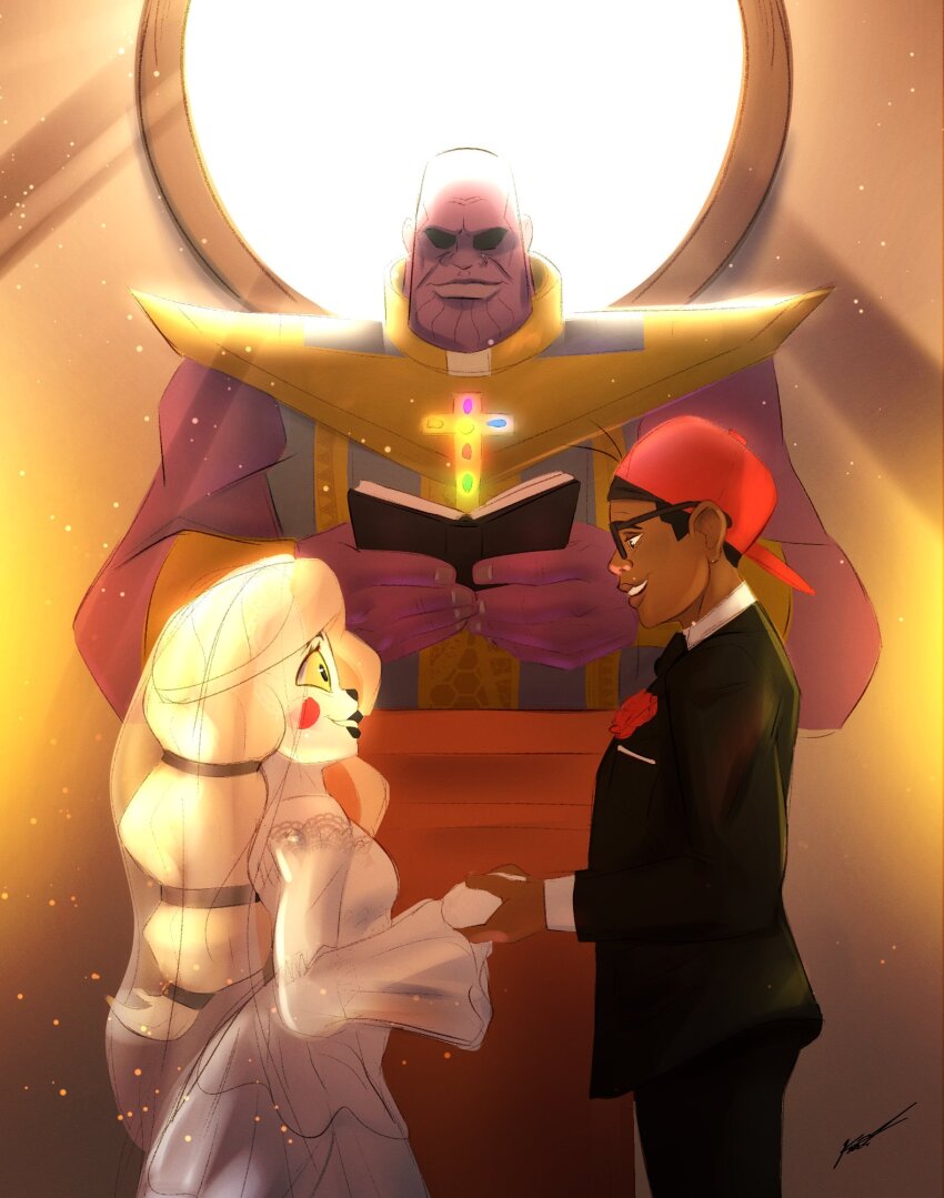 1girl 2boys baseball_cap black_eyes black_jacket black_lips black_pants black_suit blonde_hair book bridal_veil charlie_morningstar collared_shirt colored_sclera colored_skin dark-skinned_male dark_skin dress flower formal_clothes glasses hat hazbin_hotel highres holding holding_book husband_and_wife jacket kern_(kernartist) lectern long_hair marvel multiple_boys pale_skin pants purple_skin red_flower red_headwear red_rose rose shirt suit suit_jacket thanos tuxedo veil verbalase_(youtuber) wedding wedding_dress white_dress white_shirt yellow_sclera