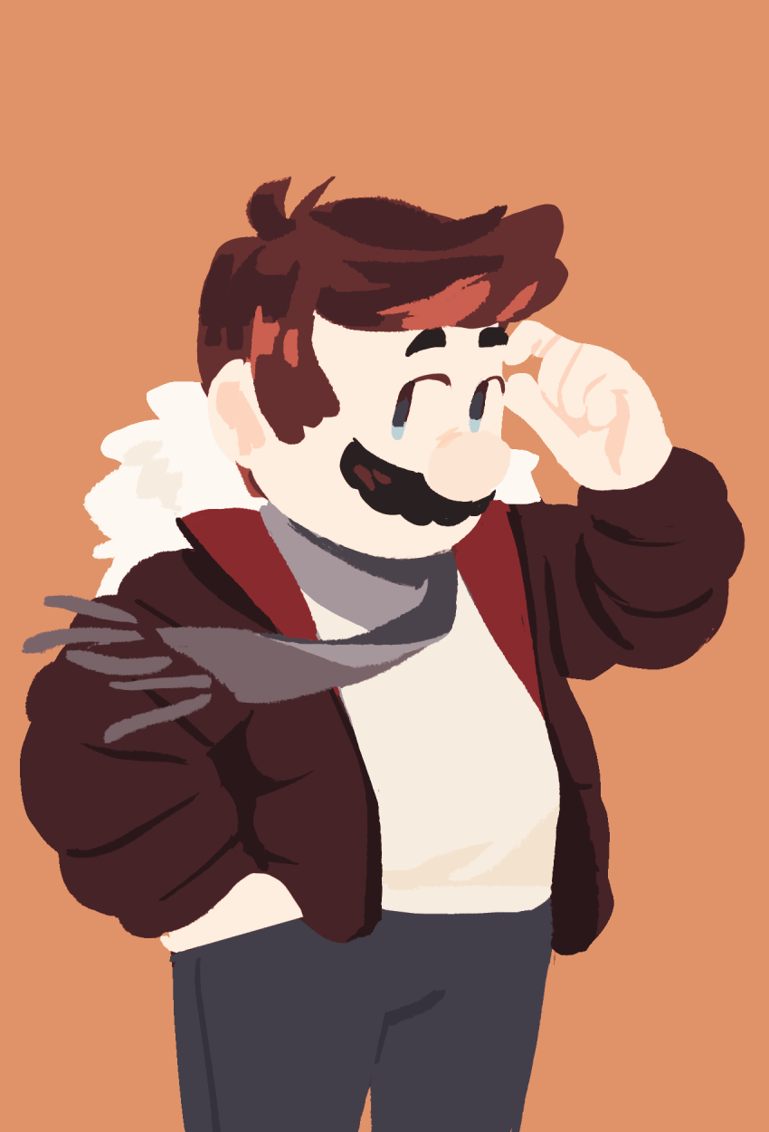 brown_hair brown_jacket facial_hair gigi_d.g. grey_pants highres jacket male_focus mario mario_(series) mustache nintendo orange_background pants scarf shirt simple_background solo source_request white_shirt