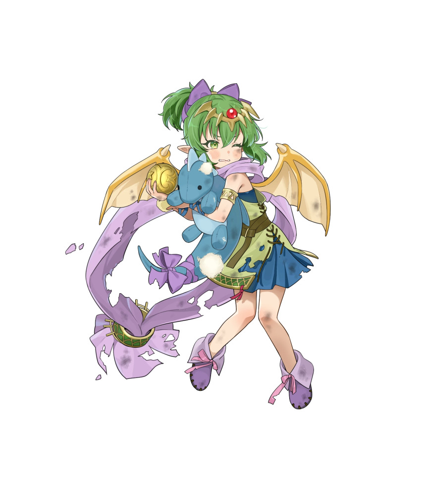 1girl aged_down armlet clenched_teeth damaged dragon dragon_girl dragon_wings fire_emblem fire_emblem:_mystery_of_the_emblem fire_emblem:_shadow_dragon_and_the_blade_of_light fire_emblem_heroes fluff green_eyes green_hair highres holding holding_stuffed_toy jewelry nintendo non-web_source official_art one_eye_closed pendant pink_scarf pointy_ears ponytail scarf solo stuffed_animal stuffed_dragon stuffed_toy teeth tiara tiki_(fire_emblem) tiki_(young)_(dragon&#039;s_progeny)_(fire_emblem) torn_clothes transparent_background wings
