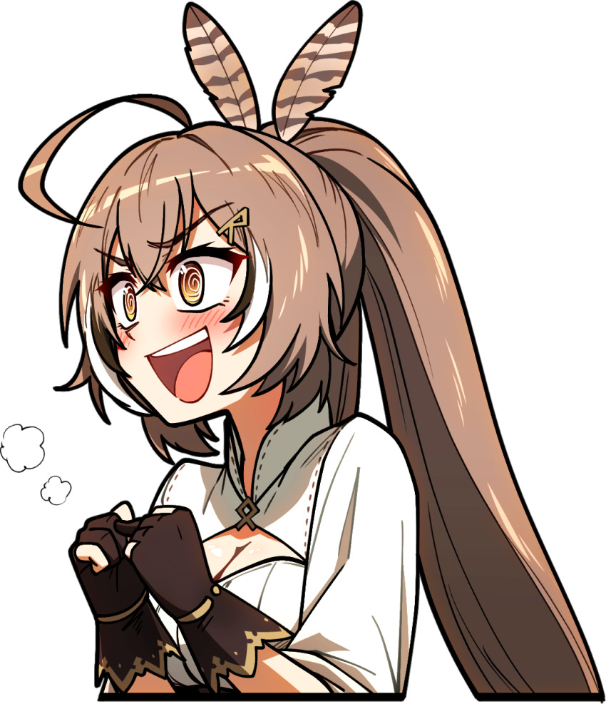 1girl :d @_@ ahoge blush breasts brown_eyes brown_gloves brown_hair cleavage clenched_hands ddolbang eyelashes feather_hair_ornament feathers gloves hair_ornament highres hololive hololive_english long_hair multicolored_hair nanashi_mumei nanashi_mumei_(1st_costume) open_mouth partially_fingerless_gloves ponytail smile solo streaked_hair teeth transparent_background upper_teeth_only virtual_youtuber white_hair