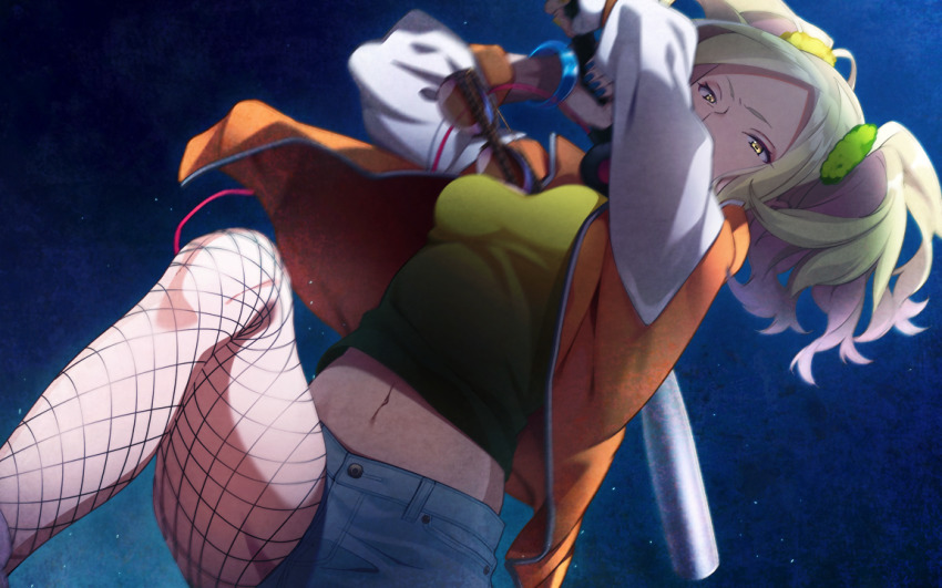 1girl blonde_hair blue_background blue_shorts dead_days denim denim_shorts fishnet_pantyhose fishnets from_below game_cg green_scrunchie green_shirt hair_ornament hair_scrunchie jacket long_hair long_sleeves looking_at_viewer midriff mitsumine_aira navel norizane open_clothes open_jacket orange_jacket pantyhose parted_bangs scrunchie shirt short_shorts shorts solo stomach track_jacket twintails white_sleeves yellow_eyes yellow_scrunchie