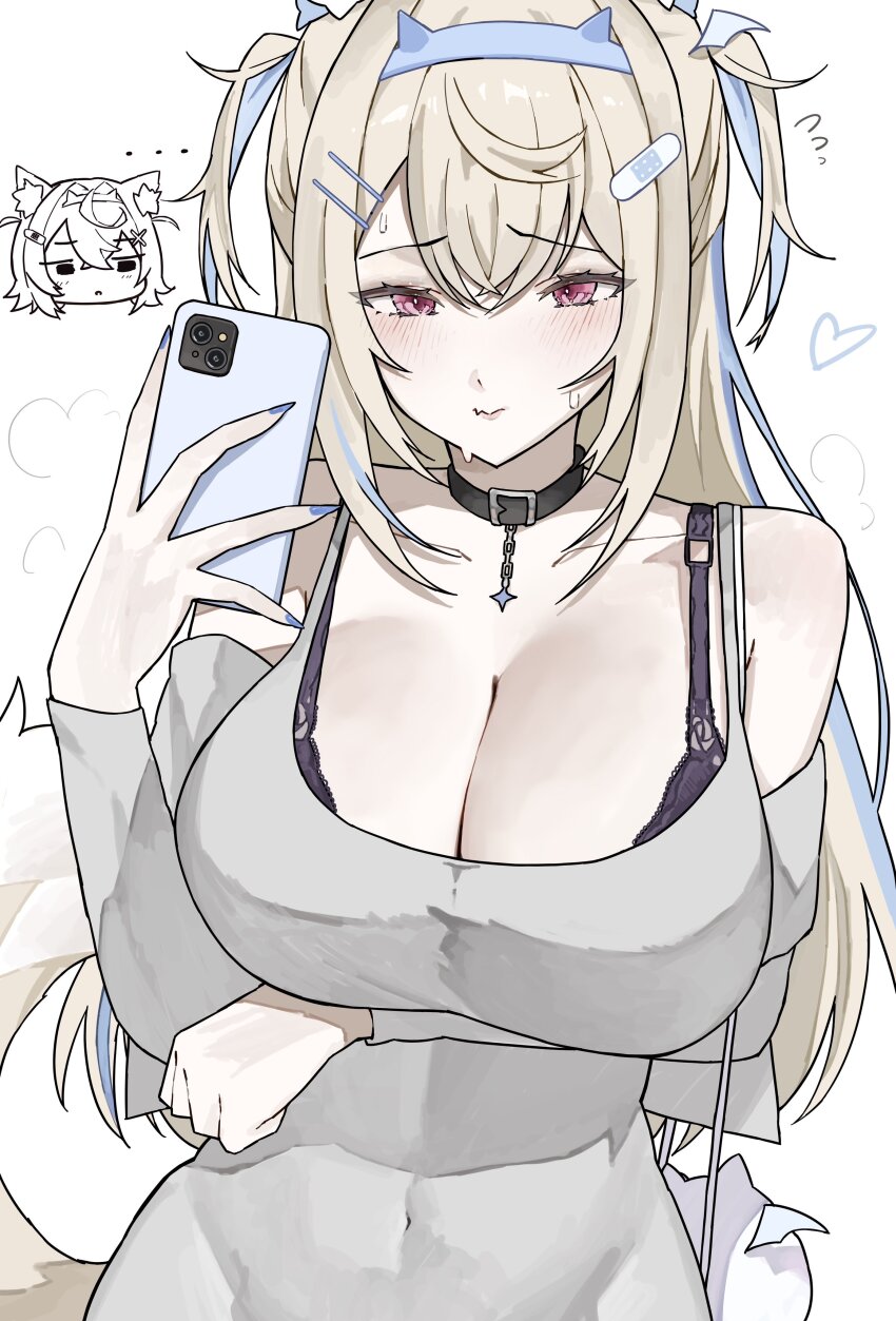 2girls absurdres black_bra bra bra_strap breasts collar ewn flying_sweatdrops fuwawa_abyssgard highres holding holding_phone hololive hololive_english large_breasts long_hair mirror_selfie mococo_abyssgard multicolored_hair multiple_girls phone red_eyes selfie streaked_hair sweatdrop unamused underwear white_background
