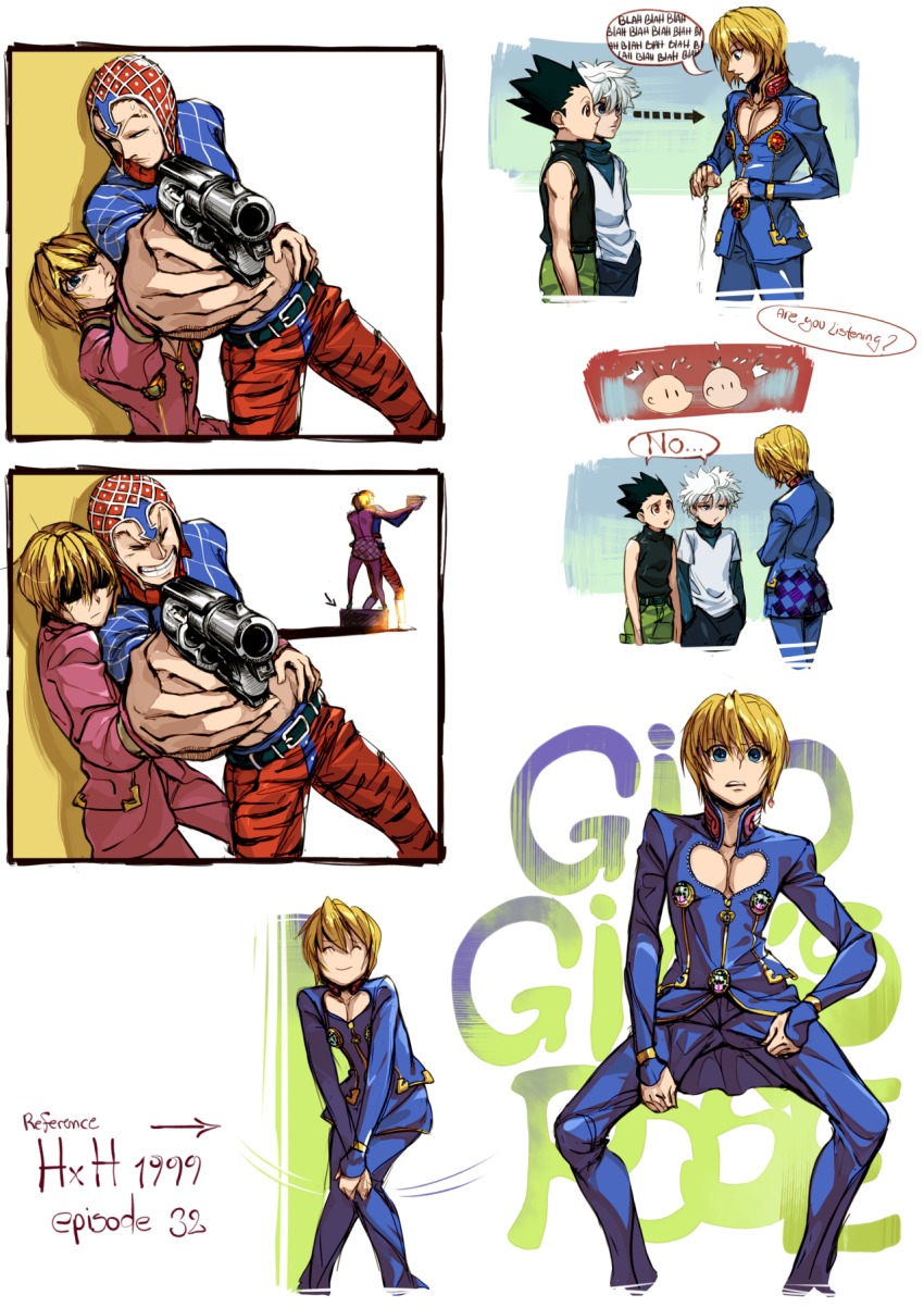 4boys ^_^ artist_request black_shirt blonde_hair blue_eyes closed_eyes cosplay crossover english_text giorno_giovanna giorno_giovanna_(cosplay) gon_freecss green_pants guido_mista gun handgun highres holding_hands hunter_x_hunter jojo_no_kimyou_na_bouken jojo_pose killua_zoldyck kurapika multiple_boys pants parody pistol shirt short_hair tagme vento_aureo weapon