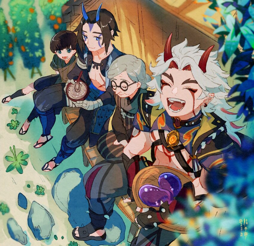 1girl 3boys :d ^_^ aqua_eyes arataki_itto architecture armor artist_name bandaged_arm bandaged_hand bandages basket black-framed_eyewear black_choker black_gloves black_hair black_nails black_sandals black_shorts blue_eyes blue_horns blurry blurry_foreground bodypaint bowl bracelet branch brown_kimono chest_harness child choker closed_eyes closed_mouth colored_inner_hair commentary_request crop_top daisuke_(genshin_impact) earrings east_asian_architecture facepaint fangs fingerless_gloves fingernails from_above genshin_impact glasses gloves granny_oni_(genshin_impact) green_shirt grey_hair grey_pants hair_bun harness highres holding holding_basket holding_bowl horns japanese_armor japanese_clothes jewelry kimono kippeijii kusazuri lavender_melon_(genshin_impact) long_hair looking_at_viewer lower_teeth_only multicolored_hair multiple_boys nagatekkou o-ring o-ring_choker old old_woman oni open_mouth pants parted_bangs pectorals plant pointy_ears purple_shirt red_hair red_horns rock rope round_eyewear sandals shirt short_hair short_sleeves shorts single_hair_bun sitting smile spiked_bracelet spikes spoon stepping_stones streaked_hair takuya_(genshin_impact) tassel teeth thick_eyebrows tongue twitter_username veranda vision_(genshin_impact) white_hair