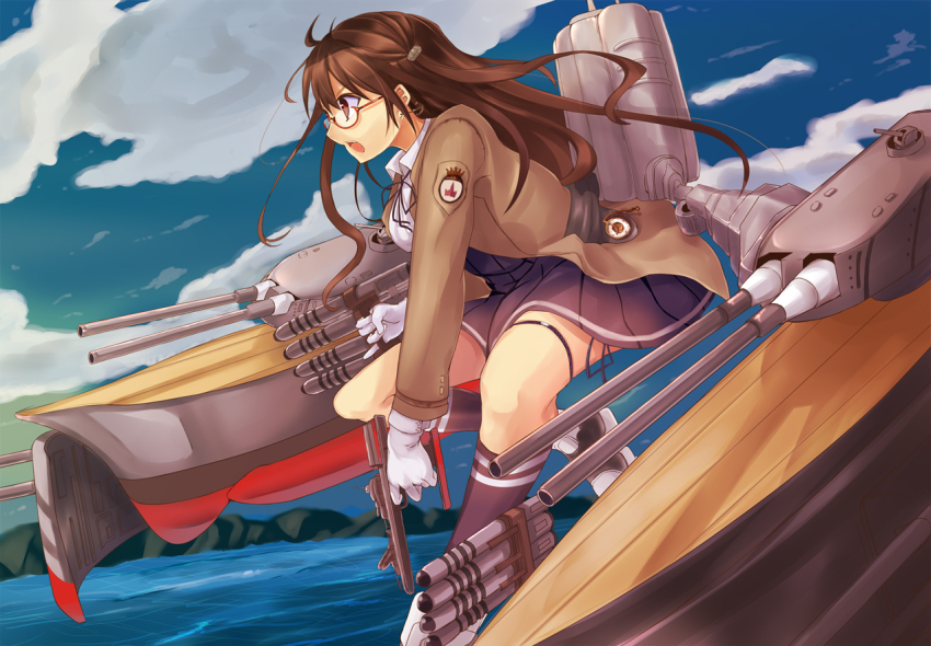 1girl azur_lane black_footwear blue_sky brown_eyes brown_hair brown_jacket cloud from_side gloves jacket kachigawa london_(azur_lane) long_hair ocean open_mouth outdoors panties red-framed_eyewear rigging ship_turret side-tie_panties sky solo thigh_strap torpedo underwear water white_gloves