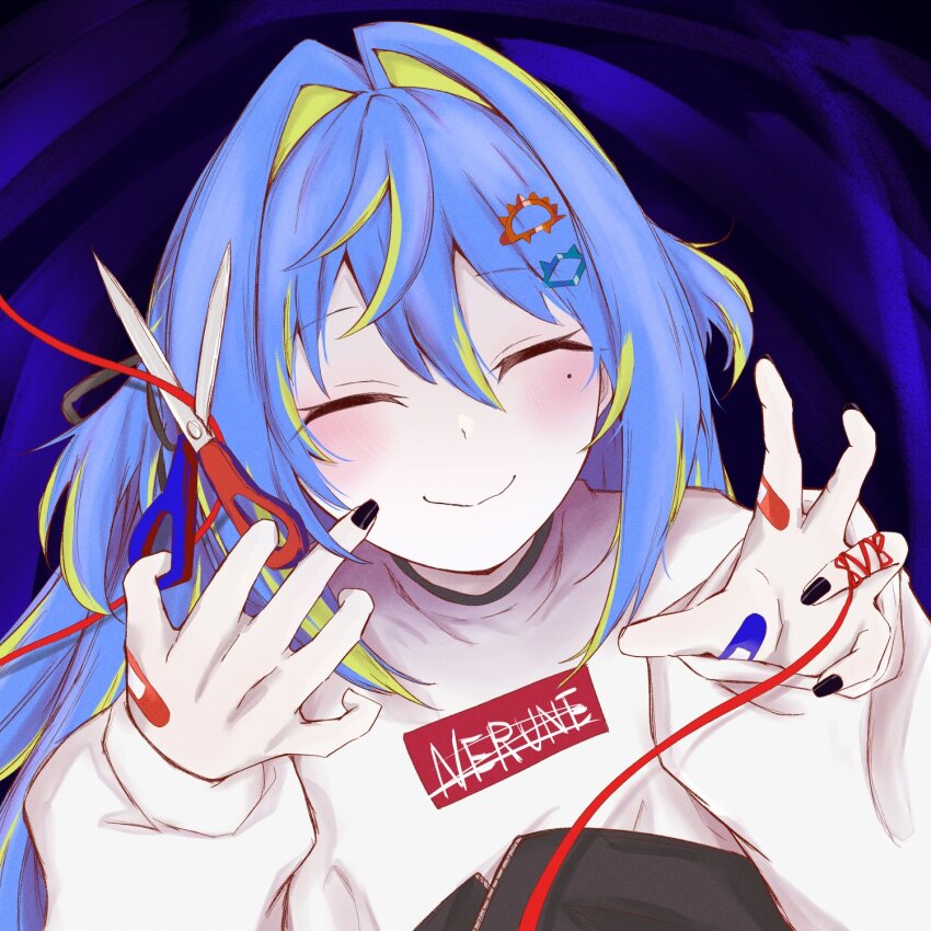 1girl bandaid bandaid_on_hand black_background black_nails blue_hair blush closed_mouth commentary_request green_hair hair_between_eyes hair_intakes hair_ornament hairclip highres holding holding_scissors long_bangs long_hair long_sleeves mole mole_under_eye multicolored_hair nanashi_inc. official_alternate_costume purple_background salmon231 scissors smile solo suzumi_nemo suzumi_nemo_(2nd_costume) sweater two-tone_hair upper_body virtual_youtuber white_sweater