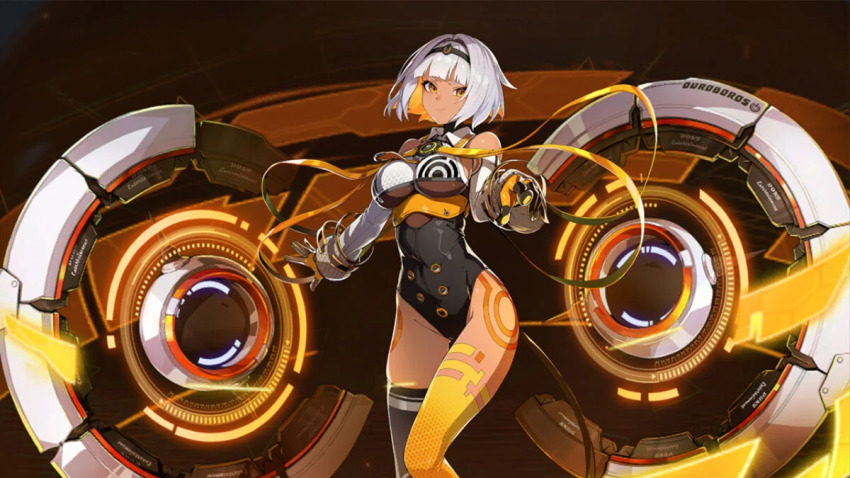 1girl armor asymmetrical_legwear bikini body_markings bodysuit bracelet breasts dark-skinned_female dark_skin dokidoki_(etheria:_restart) etheria:_restart gloves grey_hair hair_ornament jewelry large_breasts multicolored_hair orange_eyes orange_hair short_hair smile swimsuit thighhighs two-tone_hair underboob wheel white_hair