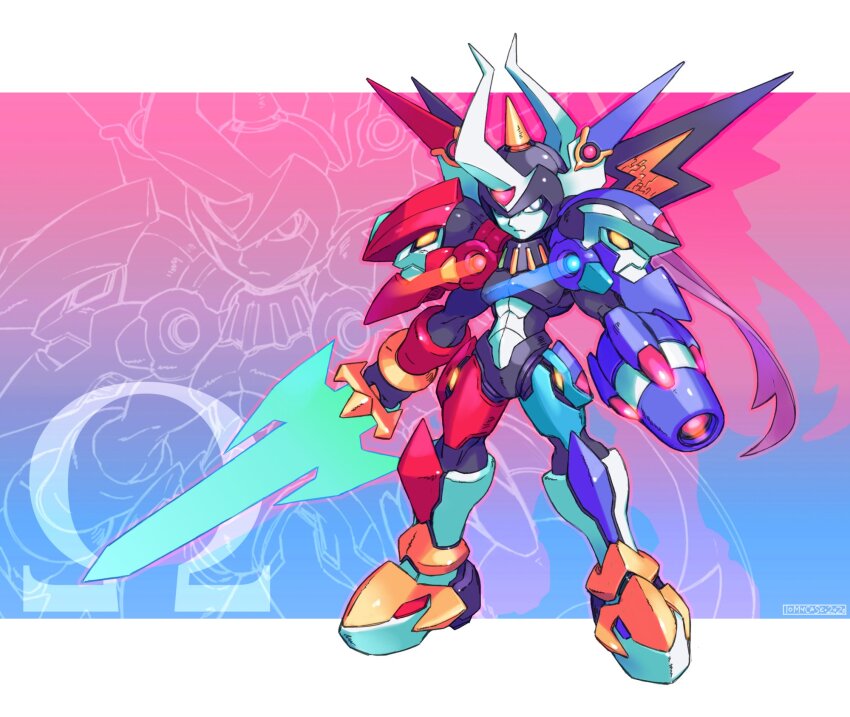 1boy adapted_costume arm_cannon armor blue_armor energy_sword forehead_jewel full_body highres holding holding_sword holding_weapon mecha mega_man_(series) mega_man_zero_(series) mega_man_zero_3 omega_(mega_man) red_armor robot solo sword tomycase weapon