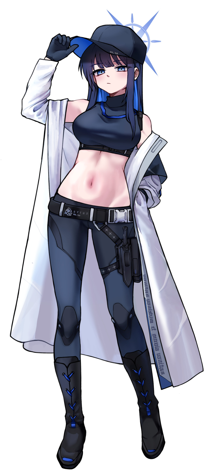 1girl :/ absurdres baseball_cap belt black_belt black_boots blue_archive blue_eyes blue_gloves blue_hair blue_halo blue_hat blue_pants blue_shirt blush boots breasts buckle chest_harness closed_mouth coat commentary_request crop_top full_body gloves halo hamaing001 hand_in_pocket hand_on_headwear harness hat highres knife knife_sheath korean_commentary large_breasts latin_text long_hair long_sleeves looking_at_viewer navel off_shoulder open_clothes open_coat pants saori_(blue_archive) sheath sheathed shirt simple_background sleeveless sleeveless_shirt snap-fit_buckle solo standing tachi-e thigh_sheath white_background white_coat