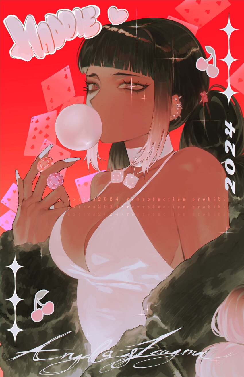 1girl 2024 20s absurdres bare_shoulders between_fingers black_coat black_hair blowing_bubbles blunt_bangs breasts card character_name cherry chewing_gum choker cleavage coat commentary dice dice_necklace dress ear_piercing english_commentary food food-themed_hair_ornament fruit fur_coat gummy_bear_hair_ornament hair_ornament heart highres holding large_breasts long_hair looking_at_viewer low_twintails necklace nxctes off-shoulder_coat off_shoulder original piercing pink_pupils playing_card poker_chip red_background sidelocks sleeveless sleeveless_dress solo sparkle twintails upper_body white_choker white_dress