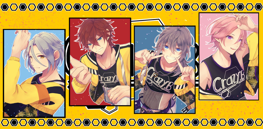 4boys amagi_rinne black_jacket black_tank_top blue_background blue_eyes blue_hair closed_mouth crazy_b_(ensemble_stars!) ensemble_stars! grey_hair group_name highres himeru_(ensemble_stars!) jacket long_hair long_sleeves looking_at_viewer low_ponytail male_focus multicolored_jacket multiple_boys open_mouth orange_background orange_hair orange_jacket oukawa_kohaku pink_background pink_hair ponytail purple_eyes red_background red_hair shiina_niki short_hair smile tank_top teeth yellow_eyes yellow_jacket yomo-xxx