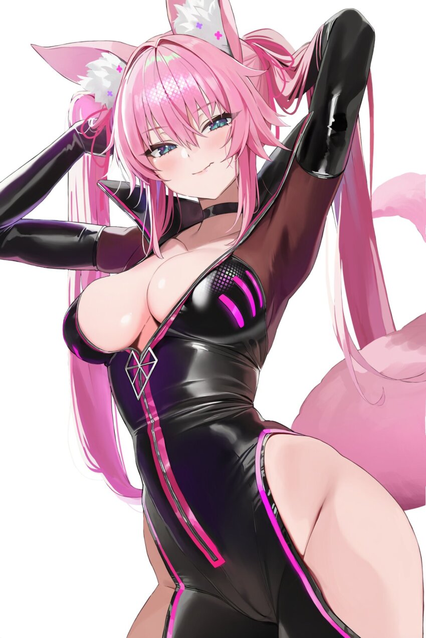 1girl animal_ear_fluff animal_ears arms_up black_choker black_gloves blue_eyes breasts cameltoe choker cleavage commentary cosplay dress elbow_gloves english_commentary fate/grand_order fate_(series) fox_ears fox_girl fox_tail gloves hair_between_eyes high_collar highleg highleg_dress highres indie_virtual_youtuber koyanskaya_(assassin)_(first_ascension)_(fate) koyanskaya_(fate) koyanskaya_(fate)_(cosplay) kwando large_breasts no_panties pink_hair popped_collar preview_(preview0) shiny_clothes side_slit tail tamamo_(fate) two_side_up unzipped virtual_youtuber zipper zipper_dress zipper_pull_tab