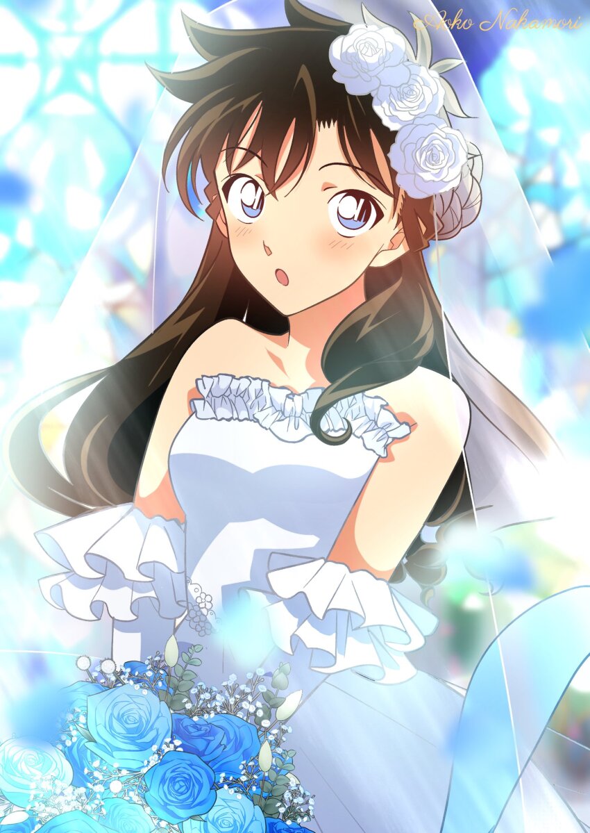 1girl :o black_hair blue_eyes blue_flower blue_petals blue_rose blurry blush bouquet bridal_veil character_name cowboy_shot depth_of_field detached_sleeves dress falling_petals flower frilled_dress frills hair_flower hair_ornament highres holding holding_bouquet indoors long_hair magic_kaito nakamori_aoko petals rose solo sparkle standing strapless strapless_dress tomoe00022 v_arms veil wedding_dress white_dress white_flower white_rose
