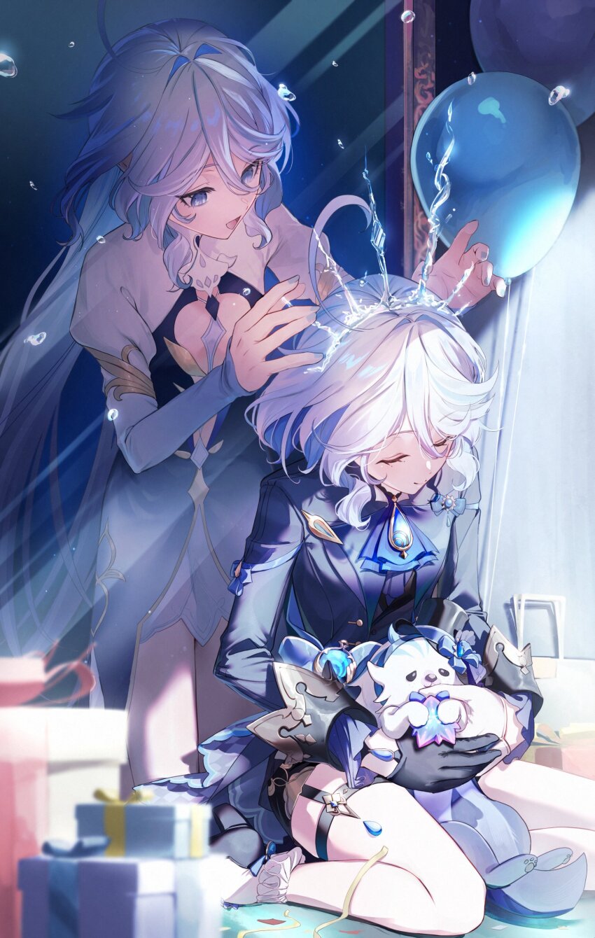 2girls absurdres ahoge animal animal_hug ankle_socks ascot asymmetrical_gloves balloon birthday black_gloves blue_ascot blue_eyes blue_nails blurry blurry_foreground box cleavage_cutout closed_eyes closed_mouth clothing_cutout commentary_request crown depth_of_field fingernails furina_(genshin_impact) genshin_impact gift gift_box gloves hair_intakes harukiryo highres indoors juliet_sleeves leisurely_otter_(genshin_impact) long_hair long_sleeves looking_at_another mirror mismatched_gloves multiple_girls nail_polish open_mouth otter ouji_fashion puffy_sleeves short_hair short_shorts shorts sitting smile socks thigh_strap three_quarter_view u_u wariza water_drop white_gloves white_hair white_socks