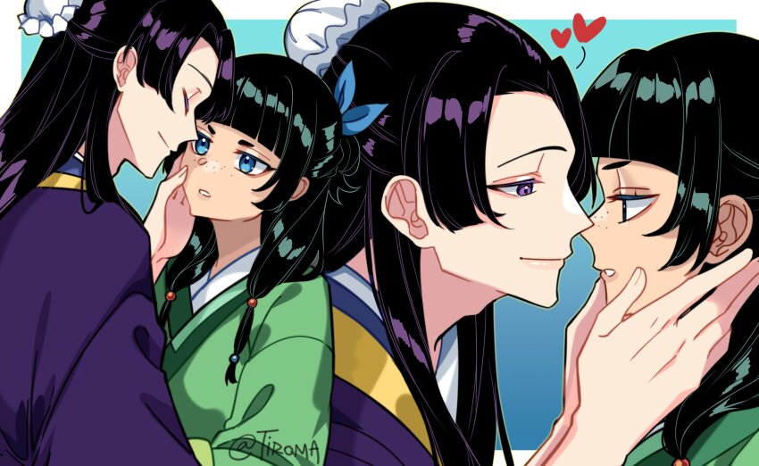 1boy 1girl absurdres aqua_background aqua_eyes black_hair blue_ribbon blunt_bangs border bun_cover closed_eyes couple freckles green_hair green_robe hair_bun hair_ribbon hand_on_another&#039;s_cheek hand_on_another&#039;s_face hands_on_another&#039;s_cheeks hands_on_another&#039;s_face hetero highres imminent_kiss jinshi_(kusuriya_no_hitorigoto) kusuriya_no_hitorigoto maomao_(kusuriya_no_hitorigoto) parted_bangs parted_lips purple_eyes purple_hair purple_robe ribbon robe smile tiroma twitter_username upper_body white_border