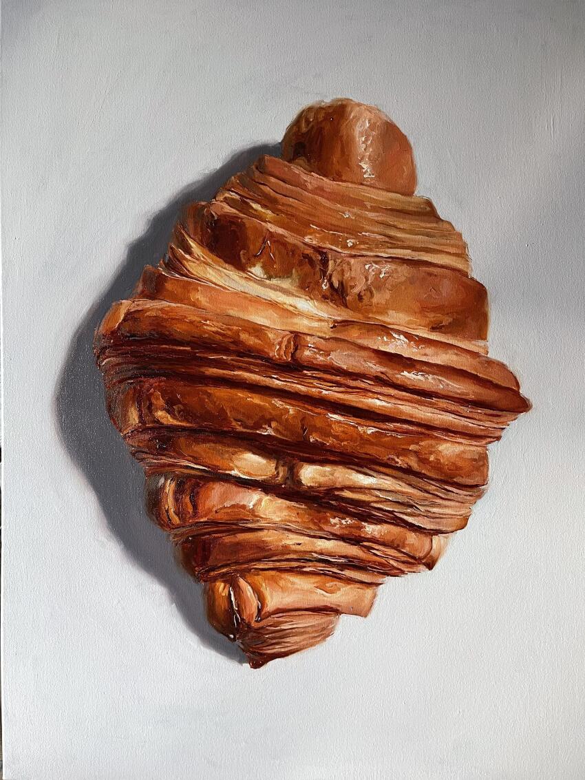 absurdres canvas_(medium) croissant food food_focus highres julia_stankevych no_humans oil_painting_(medium) original painting_(medium) photo_(medium) realistic simple_background still_life traditional_media white_background