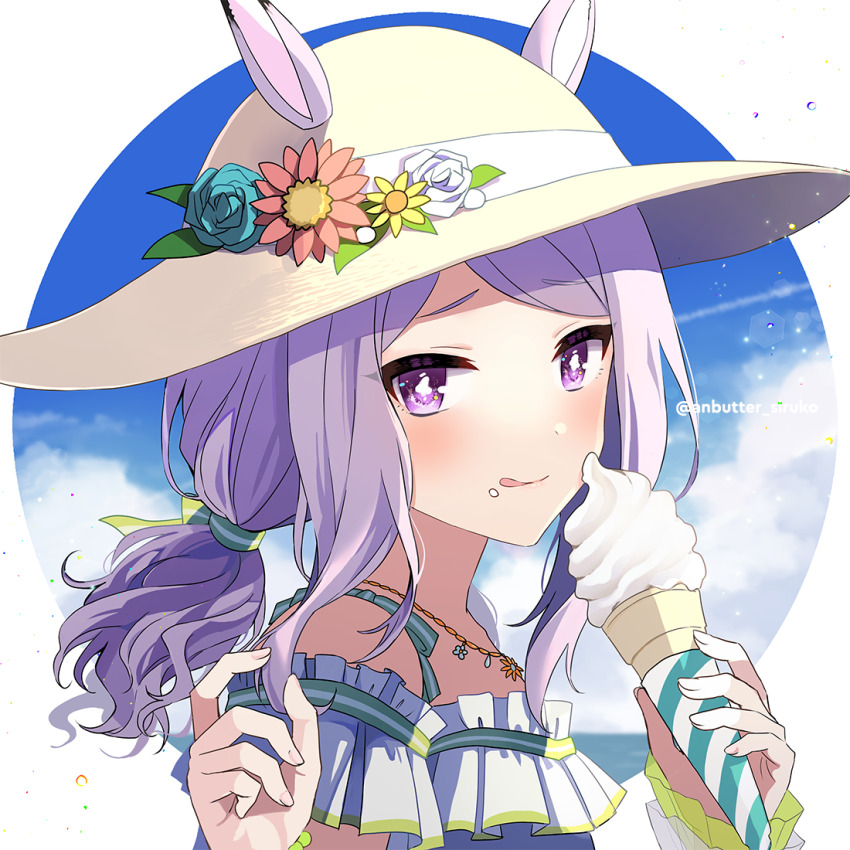 1girl anbutter_siruko animal_ears bare_shoulders bikini ears_through_headwear flower food food_on_face frilled_bikini frills hair_ornament hat holding holding_food holding_ice_cream horse_ears horse_girl ice_cream ice_cream_cone jewelry light_purple_hair long_hair mejiro_mcqueen_(ripple_fairlady)_(umamusume) mejiro_mcqueen_(umamusume) necklace official_alternate_costume official_alternate_hairstyle ponytail purple_eyes soft_serve solo straw_hat swimsuit twitter_username umamusume upper_body