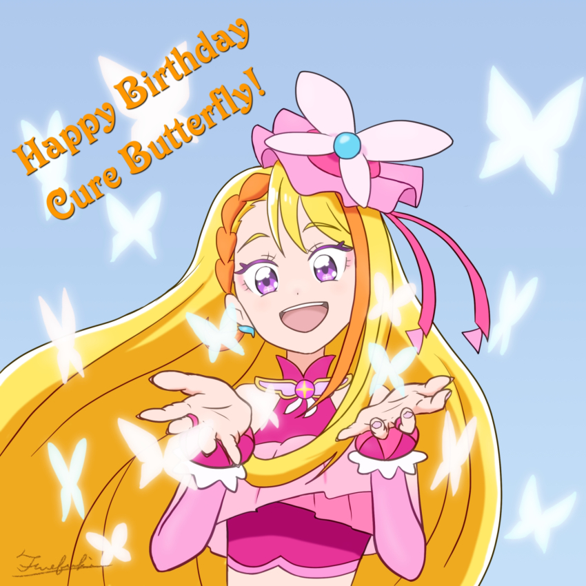 1girl artist_name birthday blonde_hair braid braided_bangs bridal_gauntlets brooch bug butterfly butterfly_hat_ornament commentary cropped_shirt cure_butterfly earrings elbow_gloves english_text frilled_shirt frills fuefukipiper gloves happy_birthday hat hat_ornament highres hijiri_ageha hirogaru_sky!_precure insect jewelry long_hair looking_at_viewer magical_girl midriff mob_cap multicolored_hair open_mouth orange_hair pink_gloves pink_hat pink_shirt precure purple_eyes shirt signature sleeveless sleeveless_shirt smile solo tilted_headwear two-tone_hair upper_body wing_brooch