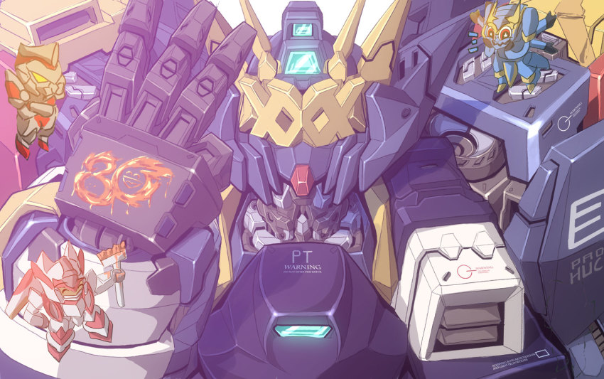 chibi crossed_arms english_text extra_arms gridman_(ssss) gridman_universe huckebein_30 ikaruga_(knight&#039;s_&amp;_magic) knight&#039;s_&amp;_magic majestic_prince mecha no_humans paint paintbrush red_five robot ssss.gridman star-shaped_pupils star_(symbol) super_robot_wars super_robot_wars_30 symbol-shaped_pupils uungunover w
