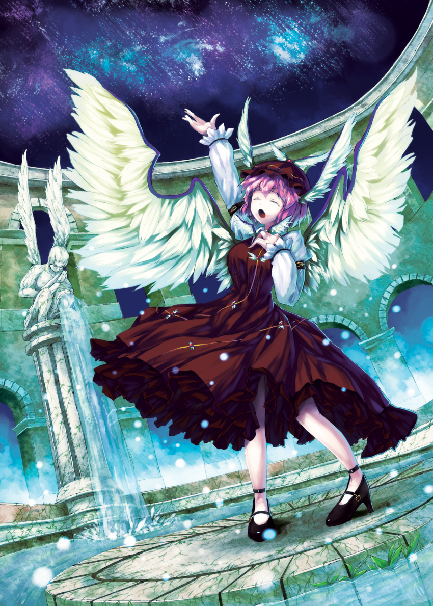 1girl animal_ears arch arm_up black_shoes brown_dress brown_hat closed_eyes dress female_focus hand_on_own_chest hat head_wings high_heels highres mob_cap music mystia_lorelei open_mouth pedestal pillar pink_hair sakimori_dan shirt shoes short_hair singing solo statue touhou water well wings