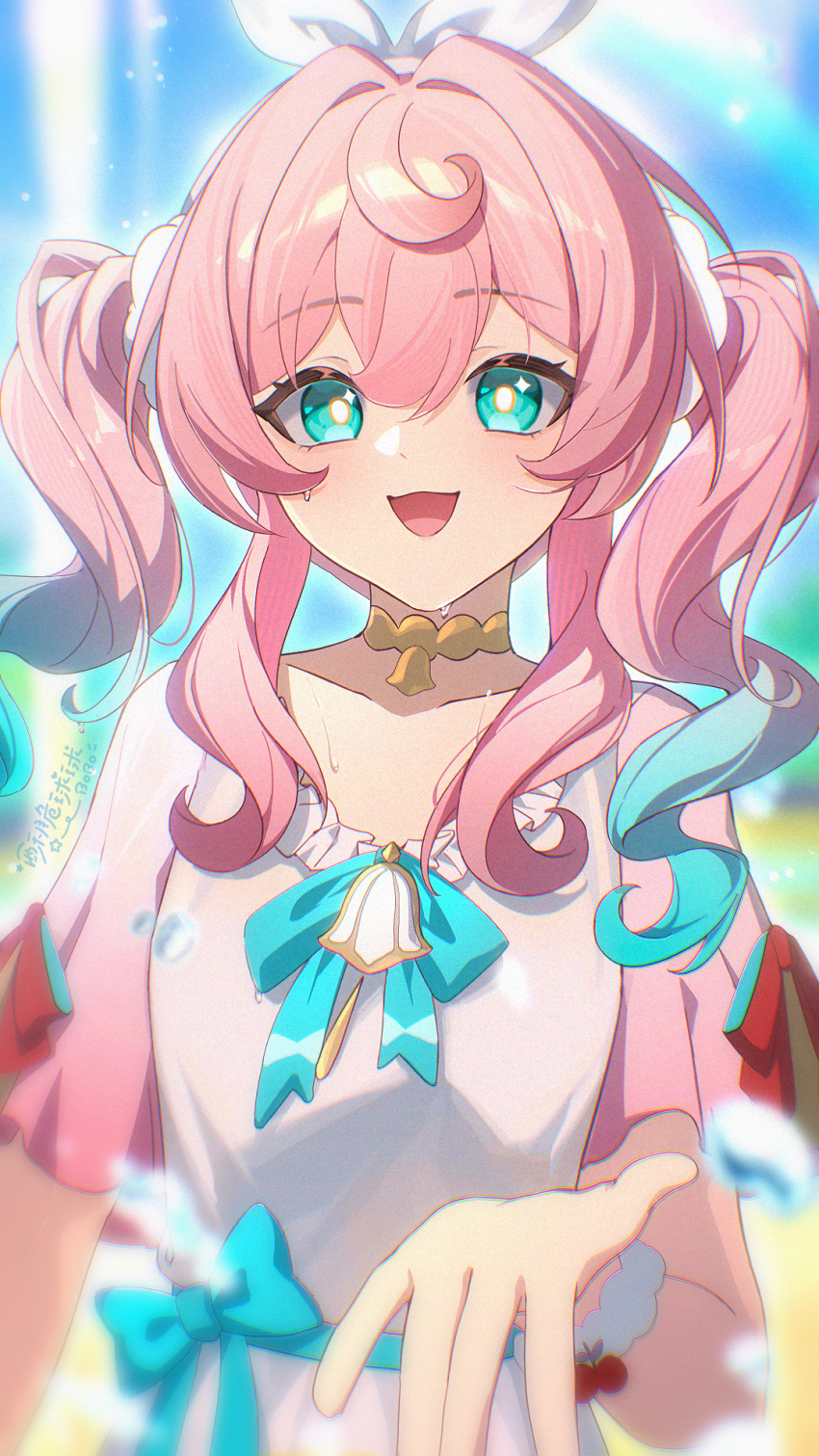 1girl alternate_costume aqua_eyes blue_bow blue_hair blurry blurry_foreground bow breasts bubble chinese_commentary collarbone colored_tips commentary_request cowboy_shot dress highres honkai:_star_rail honkai_(series) hyacine_(honkai:_star_rail) looking_at_viewer medium_hair multicolored_hair offering_hand open_mouth outdoors pink_hair rainbow small_breasts smile so_zei_tama_tama solo twintails wet white_dress yellow_pupils