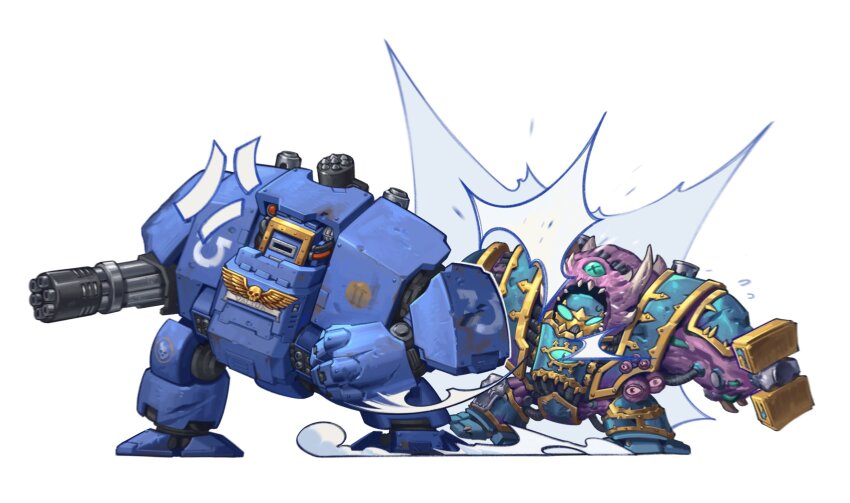 2others absurdres anger_vein chaos_(warhammer) dreadnought_(warhammer_40k) extra_eyes heavy_bolter highres imperium_of_man mecha multiple_others no_humans punching robot rotary_cannon thousand_sons ultramarines walker_(robot) warhammer_40k warhammer_40k:_space_marine white_background yixu_damengde
