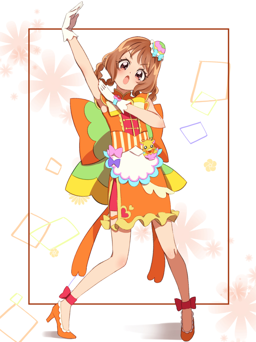 1girl absurdres apron arm_up back_bow bow braid brown_hair bun_cover chinese_clothes commentary_request commission cosplay cure_yum-yum cure_yum-yum_(cosplay) delicious_party_precure dress frown gloves hair_bun hair_rings hanamichi_ran head_tilt high_heels highres huge_bow looking_at_viewer mem-mem_(precure) open_mouth orange_bow orange_dress orange_shoes outside_border partial_commentary precure red_eyes self_cosplay shoes short_dress short_hair skeb_commission sleeveless sleeveless_dress solo standing toon_(noin) twin_braids waist_apron white_gloves