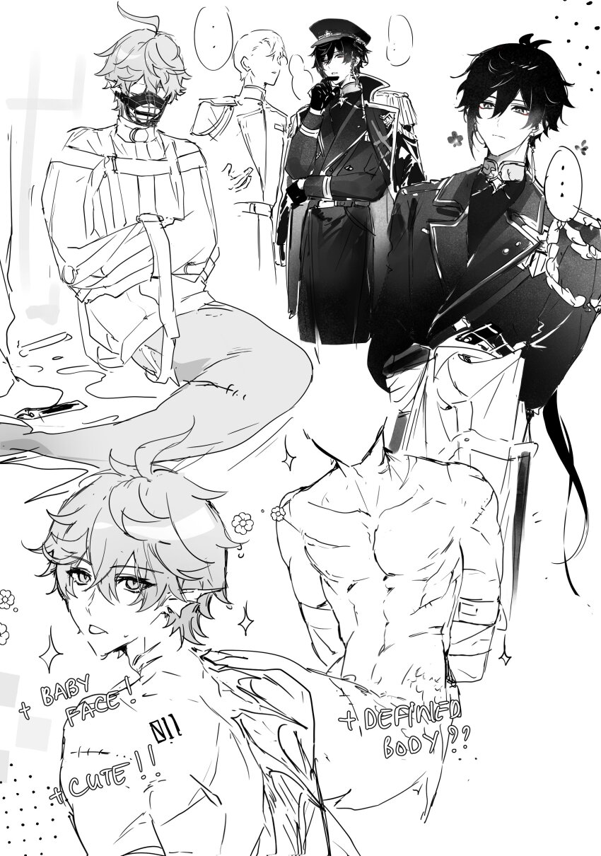 2boys alternate_costume genshin_impact greyscale hamtaru542899 merman monochrome monster_boy mors_gn multiple_boys muzzle_(mask) restrained tartaglia_(genshin_impact) twitter uniform white_background zhongli_(genshin_impact)
