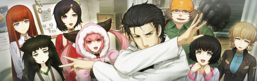 3boys 5girls absurdres akiha_rumiho amane_suzuha amane_suzuha_(beta) animal_costume black_hair blue_eyes brown_eyes brown_hair cat_costume game_cg glasses green_eyes hair_ornament hashida_itaru hat highres hiyajou_maho huke indoors lab_coat long_hair looking_at_viewer maid mayqueen_maid_uniform multiple_boys multiple_girls non-web_source official_art okabe_rintarou open_mouth pink_hair purple_eyes red_eyes ringed_eyes shiina_kagari shiina_mayuri short_hair steins;gate steins;gate_0 twintails urushibara_luka yellow_eyes
