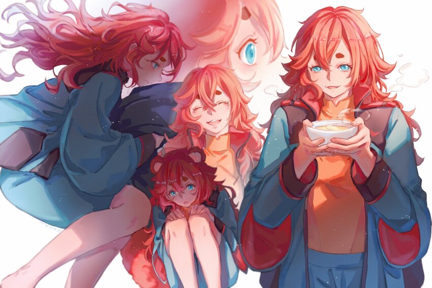 1girl animal_ears aqua_eyes asticassia_school_uniform bodysuit bodysuit_under_clothes bowl cemony closed_eyes commentary_request crying food green_jacket green_shorts gundam gundam_suisei_no_majo hair_between_eyes happy_tears highres holding holding_bowl jacket knees_up long_hair long_sleeves lying messy_hair multiple_views hugging_object on_side open_clothes open_jacket orange_bodysuit parted_lips pillow pillow_hug raccoon_ears raccoon_girl raccoon_tail red_hair school_uniform short_eyebrows shorts sitting smile soup suletta_mercury tail tears thick_eyebrows