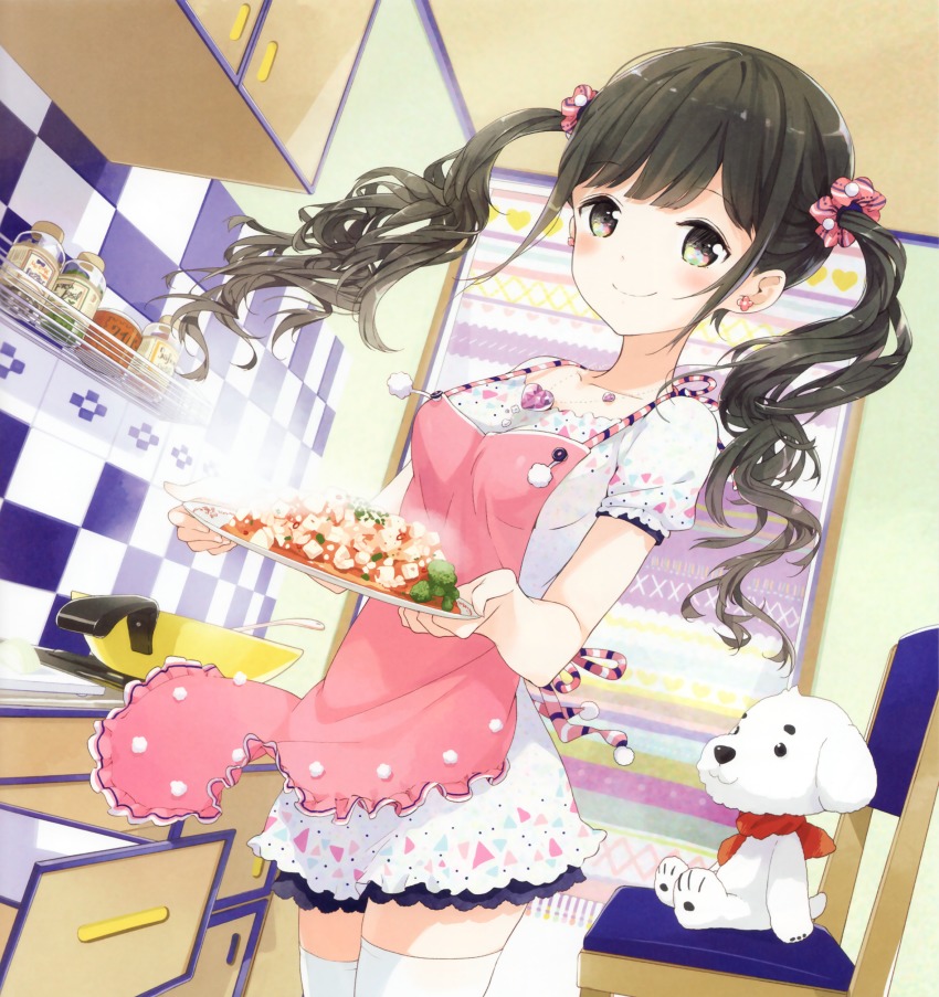 1girl absurdres apron black_eyes black_hair breasts collarbone dress earrings female_focus food hair_ornament hair_scrunchie highres holding jewelry long_hair looking_at_viewer medium_breasts necklace original pink_apron scrunchie short_dress short_sleeves smile solo thighhighs tiv twintails white_dress white_thighhighs zettai_ryouiki