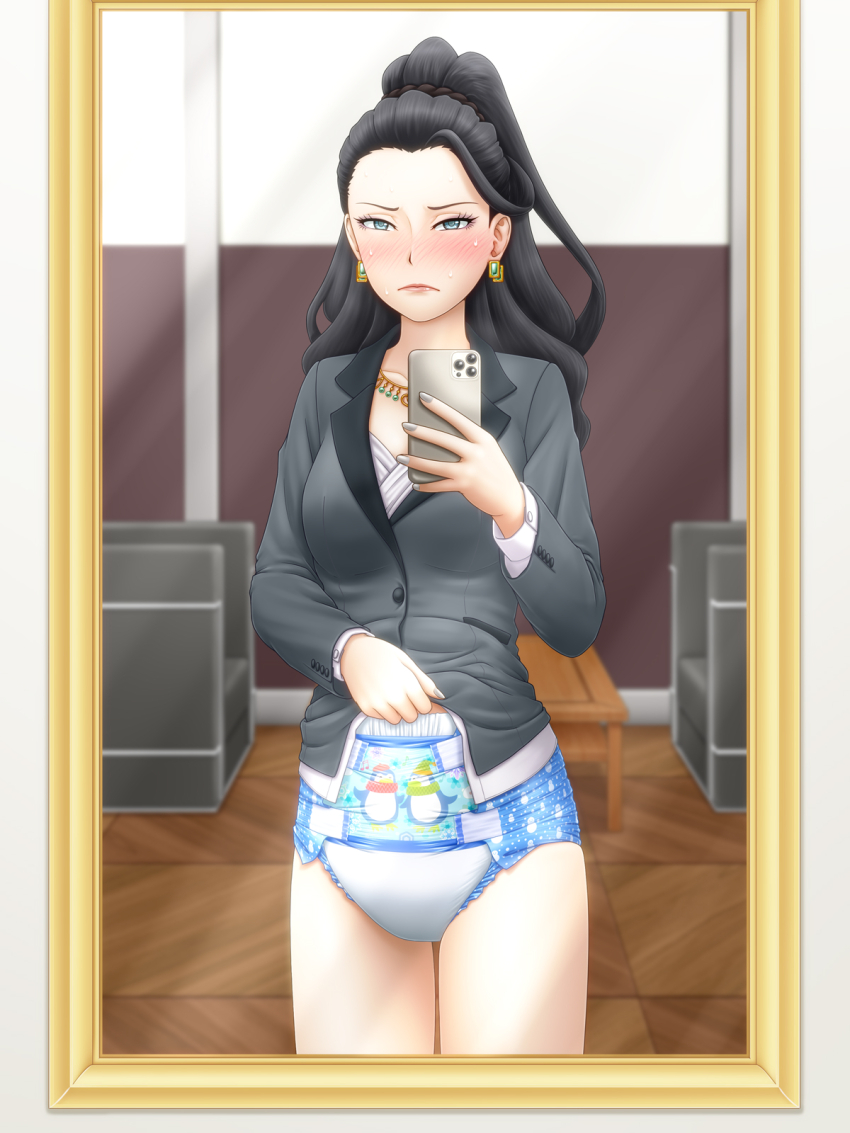 1girl black_hair blue_eyes blurry blurry_background blush cellphone clothes_lift cowboy_shot diaper dress_shirt earrings executive_mishiro female_focus frown god_hand_mar grey_jacket grey_nails holding holding_phone idolmaster idolmaster_cinderella_girls jacket jewelry lapels lifting_own_clothes long_sleeves looking_at_viewer mirror nail_polish necklace notched_lapels penguin_print phone print_diaper reflection reflection_focus shirt shirt_lift smartphone suit_jacket sweat