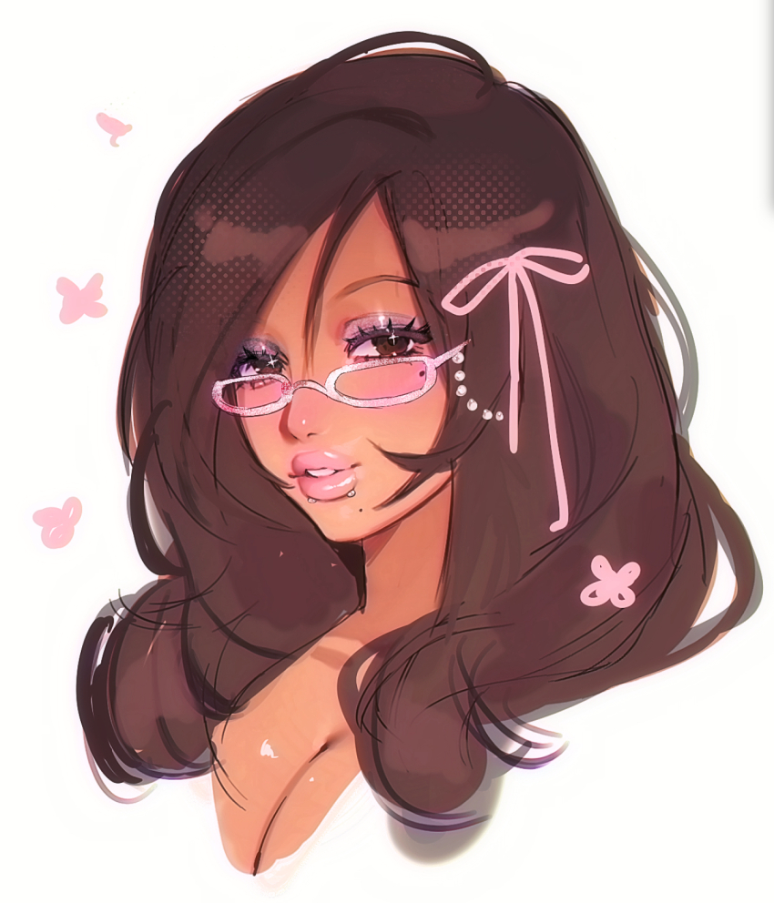 1girl breasts brown_eyes brown_hair cleavage commentary cropped_head drawn_flower english_commentary eyelashes eyeshadow eyewear_strap face_piercing glitter_makeup hair_between_eyes hair_over_shoulder hair_ribbon half-closed_eyes halftone highres long_hair looking_at_viewer makeup mole mole_under_eye mole_under_mouth mouth_piercing noisykoala original parted_lips piercing pink-framed_eyewear pink_eyeshadow pink_lips pink_ribbon rectangular_eyewear ribbon sketch swept_bangs tan teeth thick_lips white_background