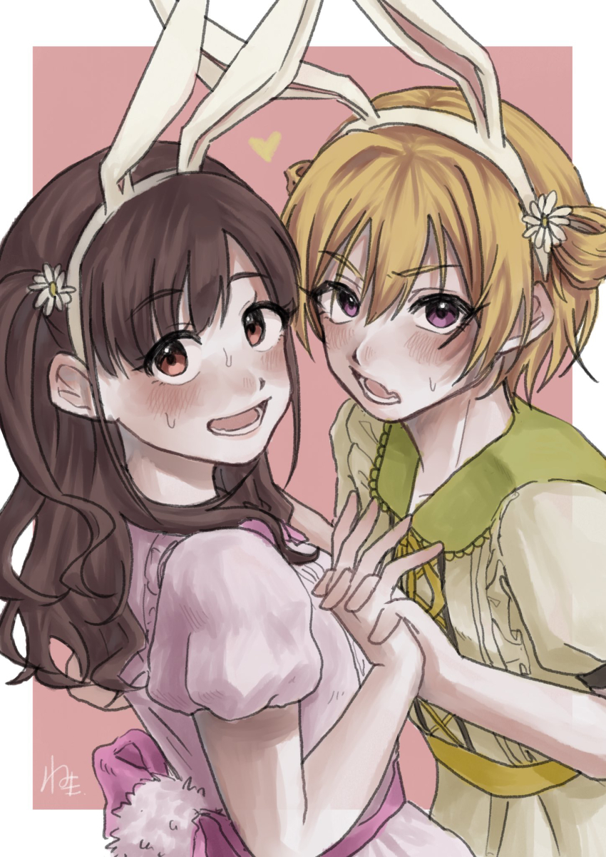 animal_ear_hairband animal_ears blonde_hair blush brown_hair commentary_request dress fake_animal_ears fake_tail green_sailor_collar hairband heart highres holding_hands idolmaster idolmaster_shiny_colors interlocked_fingers looking_at_viewer necota_(8270_necota) nervous_smile nervous_sweating pink_dress puffy_short_sleeves puffy_sleeves rabbit_ear_hairband rabbit_ears rabbit_tail saijo_juri sailor_collar short_sleeves signature simple_background smile sonoda_chiyoko sweat sweatdrop tail two-tone_background