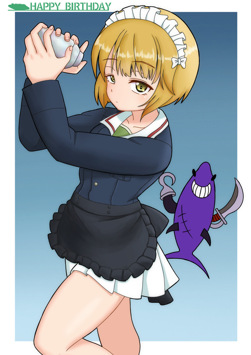1girl absurdres amanone_yun apron birthday black_apron blonde_hair blue_background blue_jacket blunt_bangs bob_cut closed_mouth cocktail_shaker commentary cutlass_(girls_und_panzer) emblem english_text frilled_apron frills girls_und_panzer gradient_background green_undershirt half-closed_eyes happy_birthday highres holding jacket light_frown long_sleeves looking_at_viewer maid_headdress military_uniform miniskirt ooarai_military_uniform pleated_skirt shark short_hair skirt solo standing undershirt waist_apron white_skirt yellow_eyes